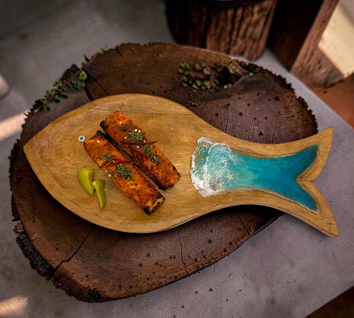 Handcrafted Fish-Shaped Wooden Serving Board with Ocean Wave Design