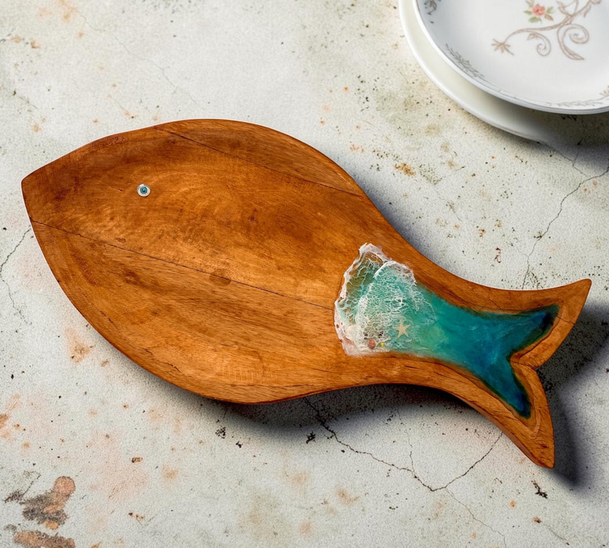 Handcrafted Fish-Shaped Wooden Serving Board with Ocean Wave Design