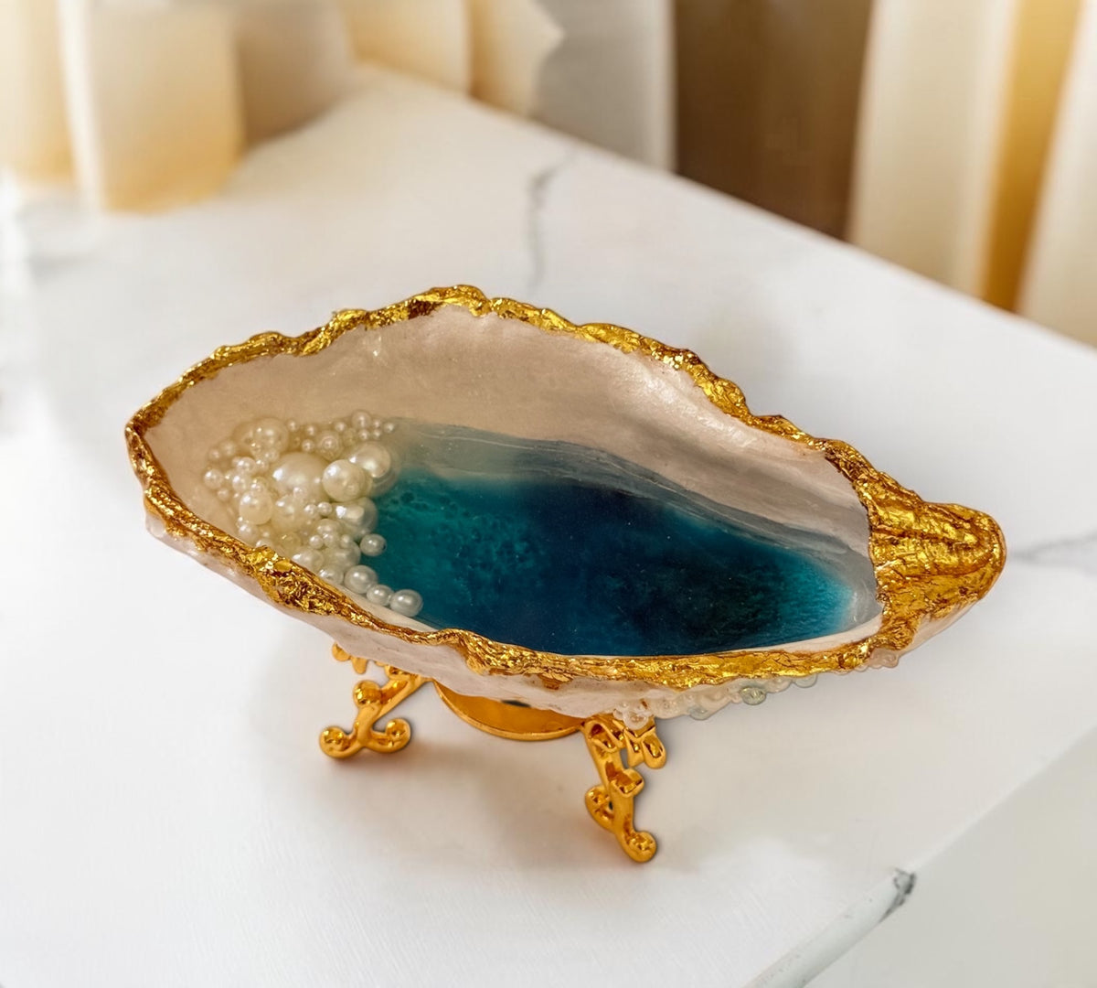 Handmade Oyster Shell Trinket Dish – Teal Resin, Gold Stand & Pearl Detail