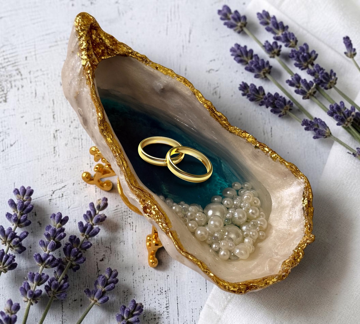 Handmade Oyster Shell Trinket Dish – Teal Resin, Gold Stand & Pearl Detail