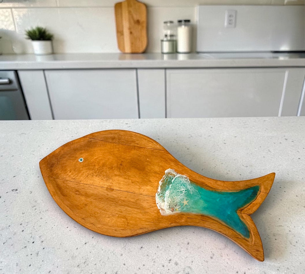 Handcrafted Fish-Shaped Wooden Serving Board with Ocean Wave Design