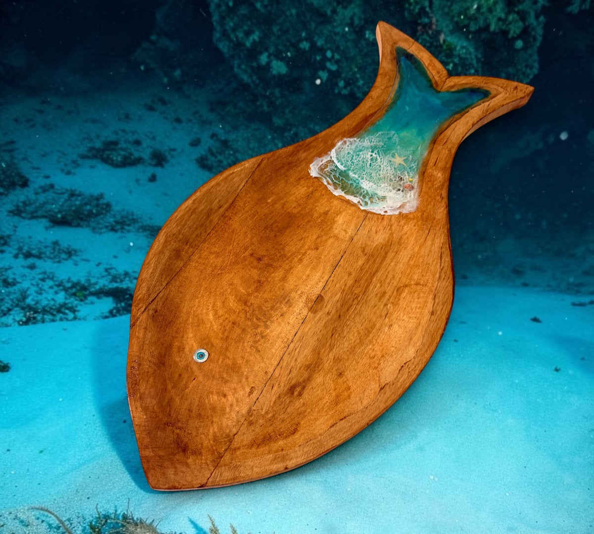 Handcrafted Fish-Shaped Wooden Serving Board with Ocean Wave Design