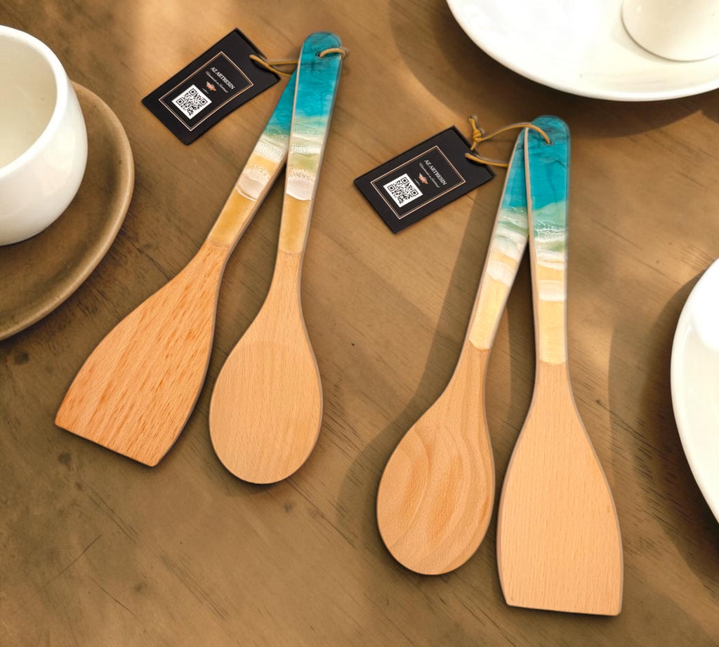 Ocean-Inspired Wooden Cooking Spoons Set with Turquoise Wave Handles – Set of 2