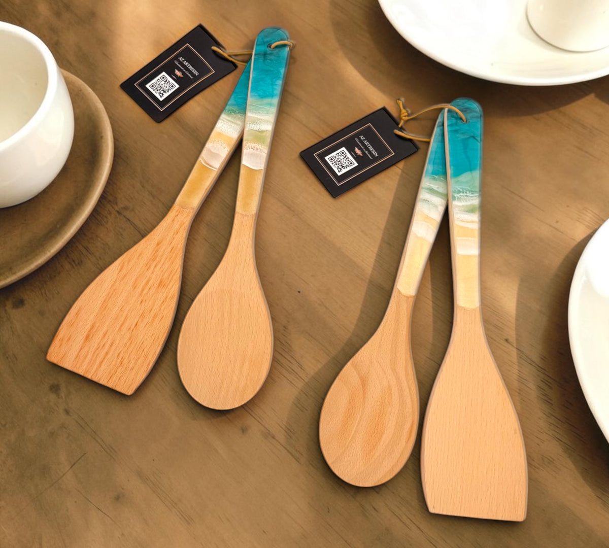 Ocean-Inspired Wooden Cooking Spoons Set with Turquoise Wave Handles – Set of 2