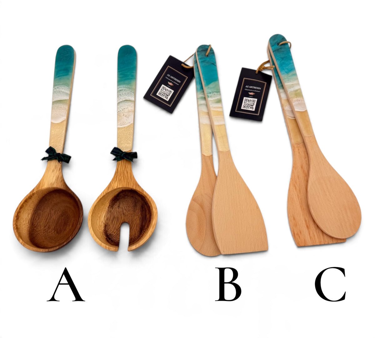 Ocean-Inspired Wooden Cooking Spoons Set with Turquoise Wave Handles – Set of 2