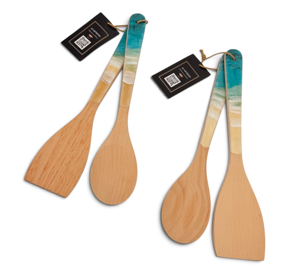 Ocean-Inspired Wooden Cooking Spoons Set with Turquoise Wave Handles – Set of 2