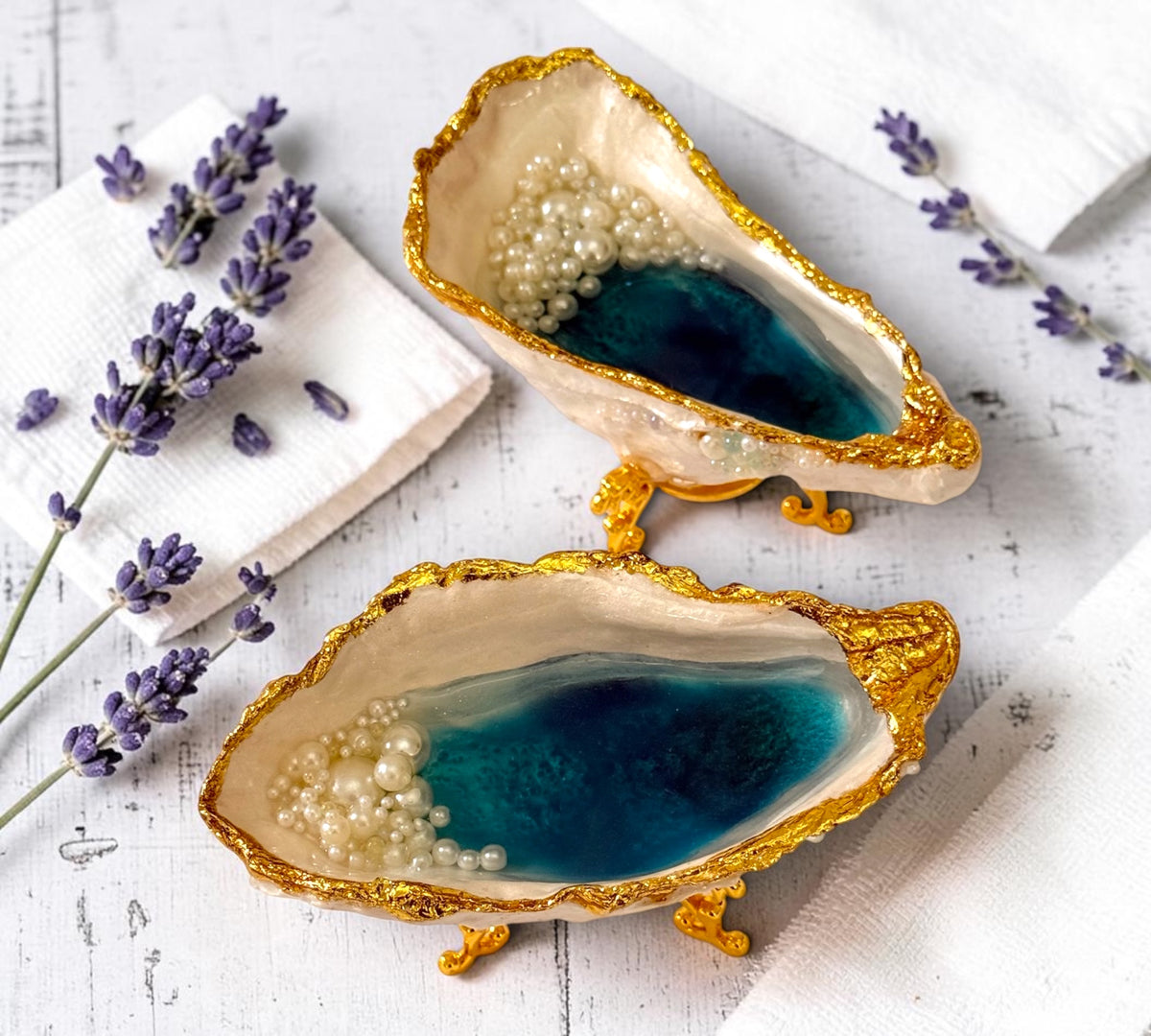 Handmade Oyster Shell Trinket Dish – Teal Resin, Gold Stand & Pearl Detail