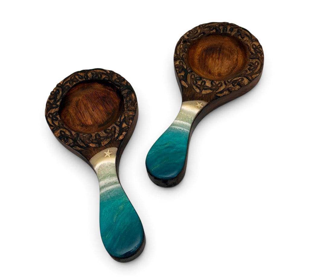 Handcrafted Wooden Spoon Rest with Turquoise beach Handle – Ornate Floral Carved Design