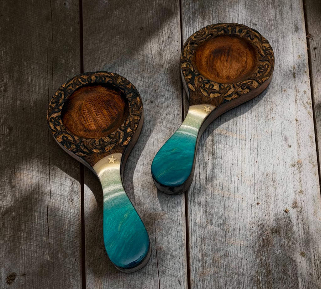 Handcrafted Wooden Spoon Rest with Turquoise beach Handle – Ornate Floral Carved Design
