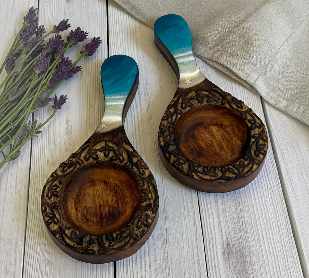 Handcrafted Wooden Spoon Rest with Turquoise beach Handle – Ornate Floral Carved Design