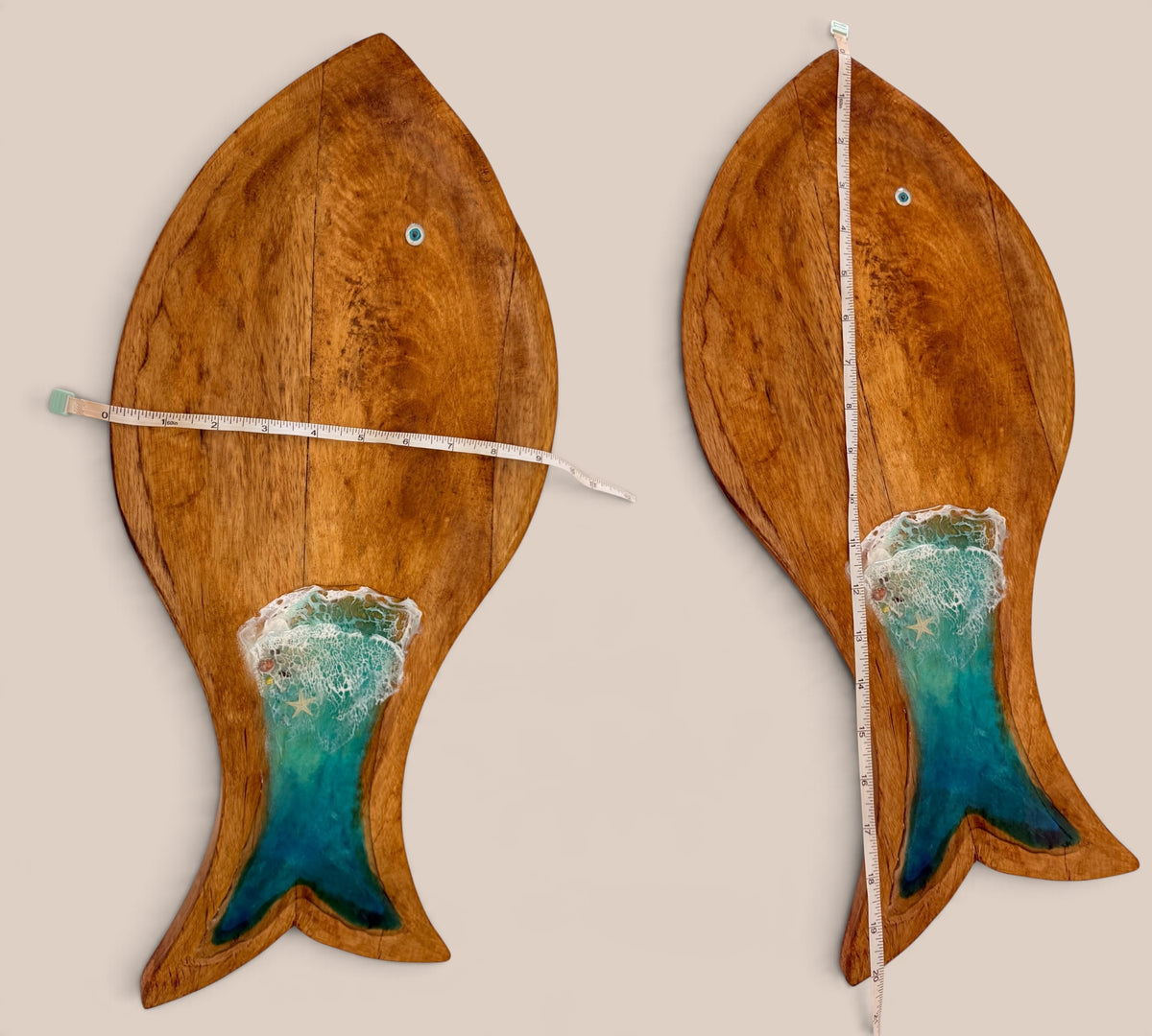 Handcrafted Fish-Shaped Wooden Serving Board with Ocean Wave Design