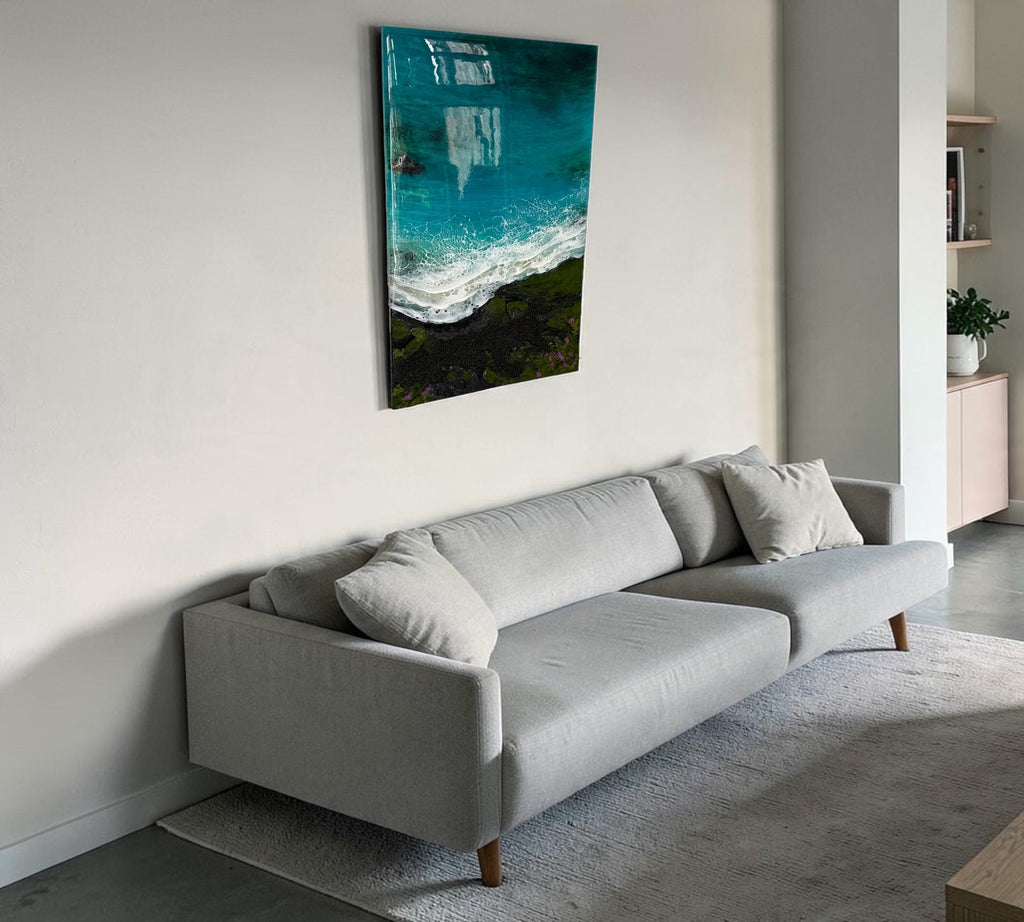 Ocean’s Edge | Luxury 3D Resin Ocean Wall Art with Real Sand & Natural Moss ( 50cm x 30cm )