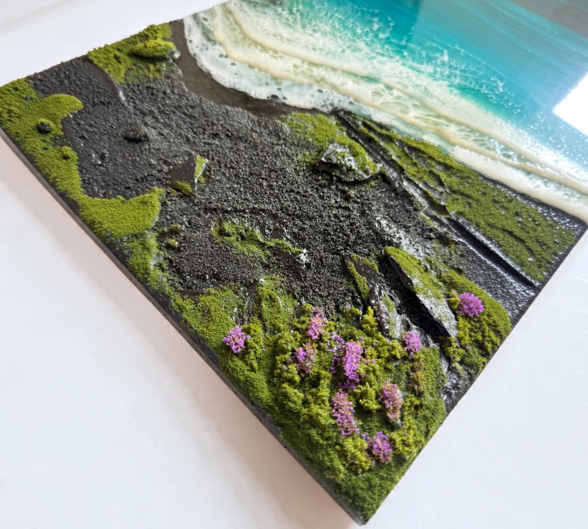 Ocean’s Edge | Luxury 3D Resin Ocean Wall Art with Real Sand & Natural Moss ( 50cm x 30cm )