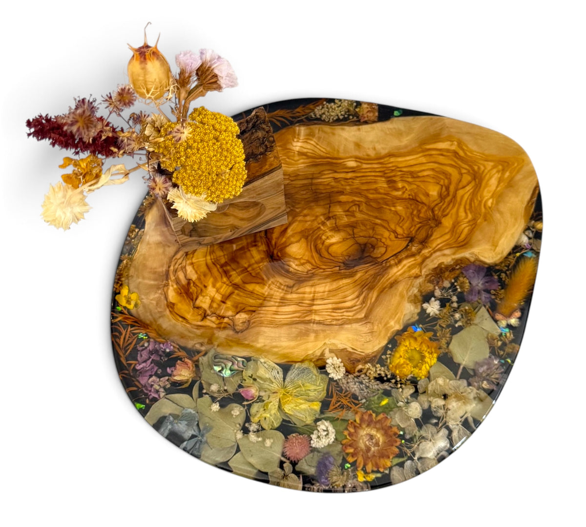 Olive Wood Floral Centrepiece & Decorative Serving Tray