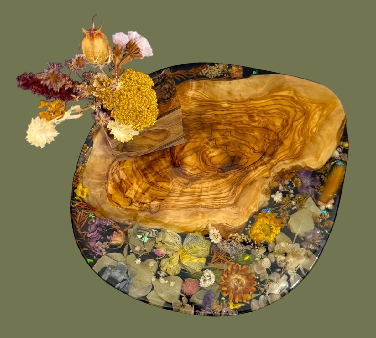 Olive Wood Floral Centrepiece & Decorative Serving Tray