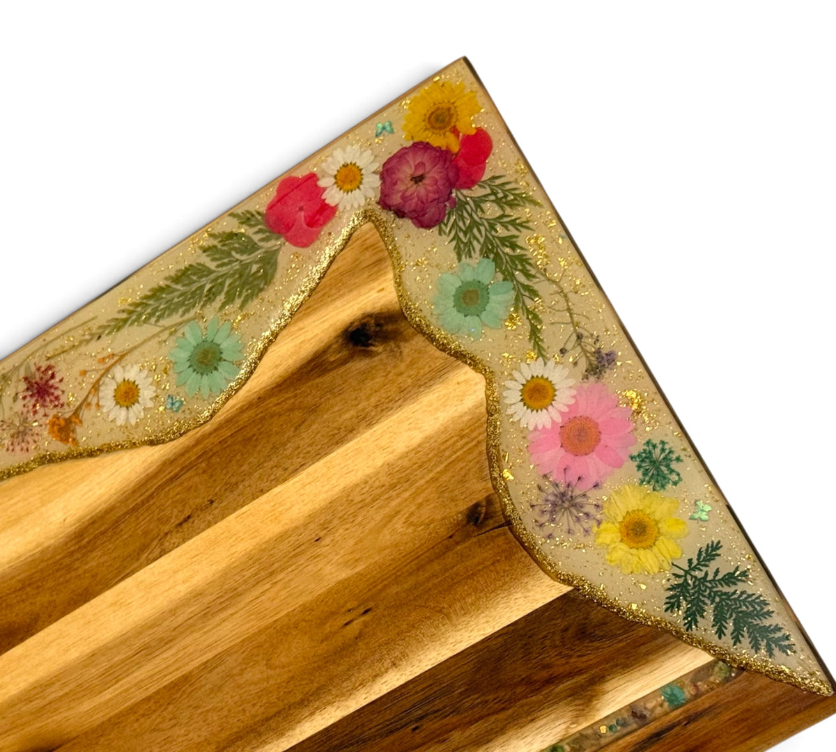 Floral Serving / Charcuterie Board – Handmade Pressed Flower & Gold Glitter Serving Tray