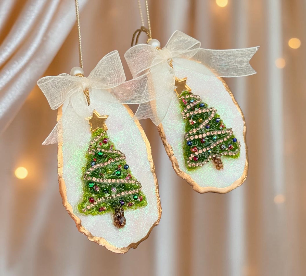 Christmas Tree Ornament — Iridescent Oyster Shell with Gold Leaf, Crystals & Gem Details ( Single )
