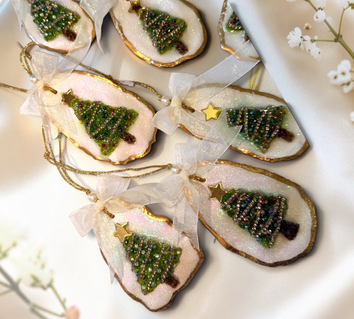 Christmas Tree Ornament — Iridescent Oyster Shell with Gold Leaf, Crystals & Gem Details ( Single )