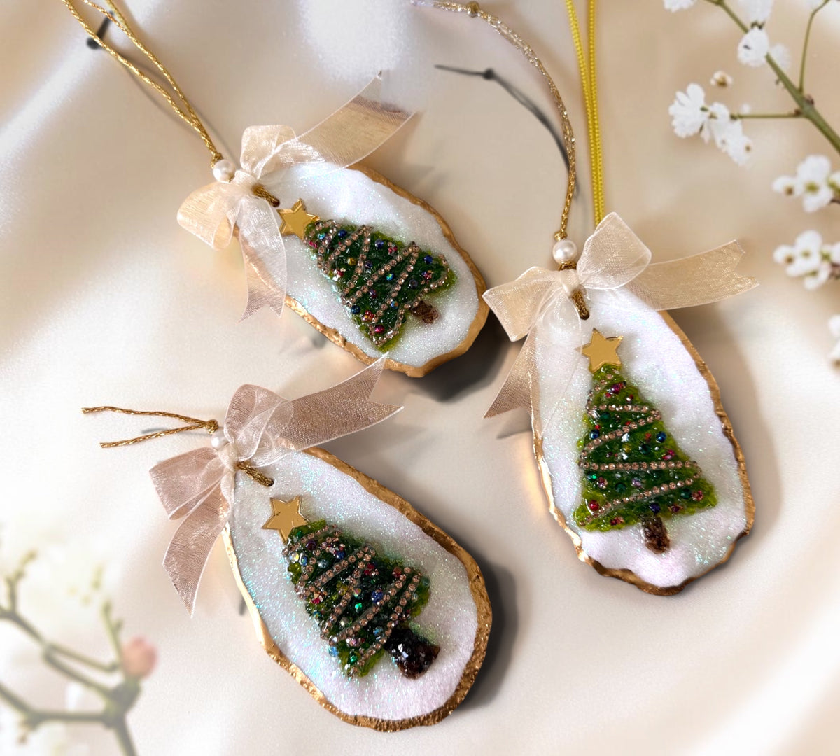 Christmas Tree Ornament — Iridescent Oyster Shell with Gold Leaf, Crystals & Gem Details ( Single )