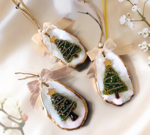 Christmas Tree Ornament — Iridescent Oyster Shell with Gold Leaf, Crystals & Gem Details ( Single )