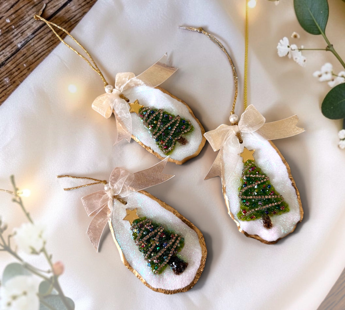 Christmas Tree Ornament — Iridescent Oyster Shell with Gold Leaf, Crystals & Gem Details ( Single )