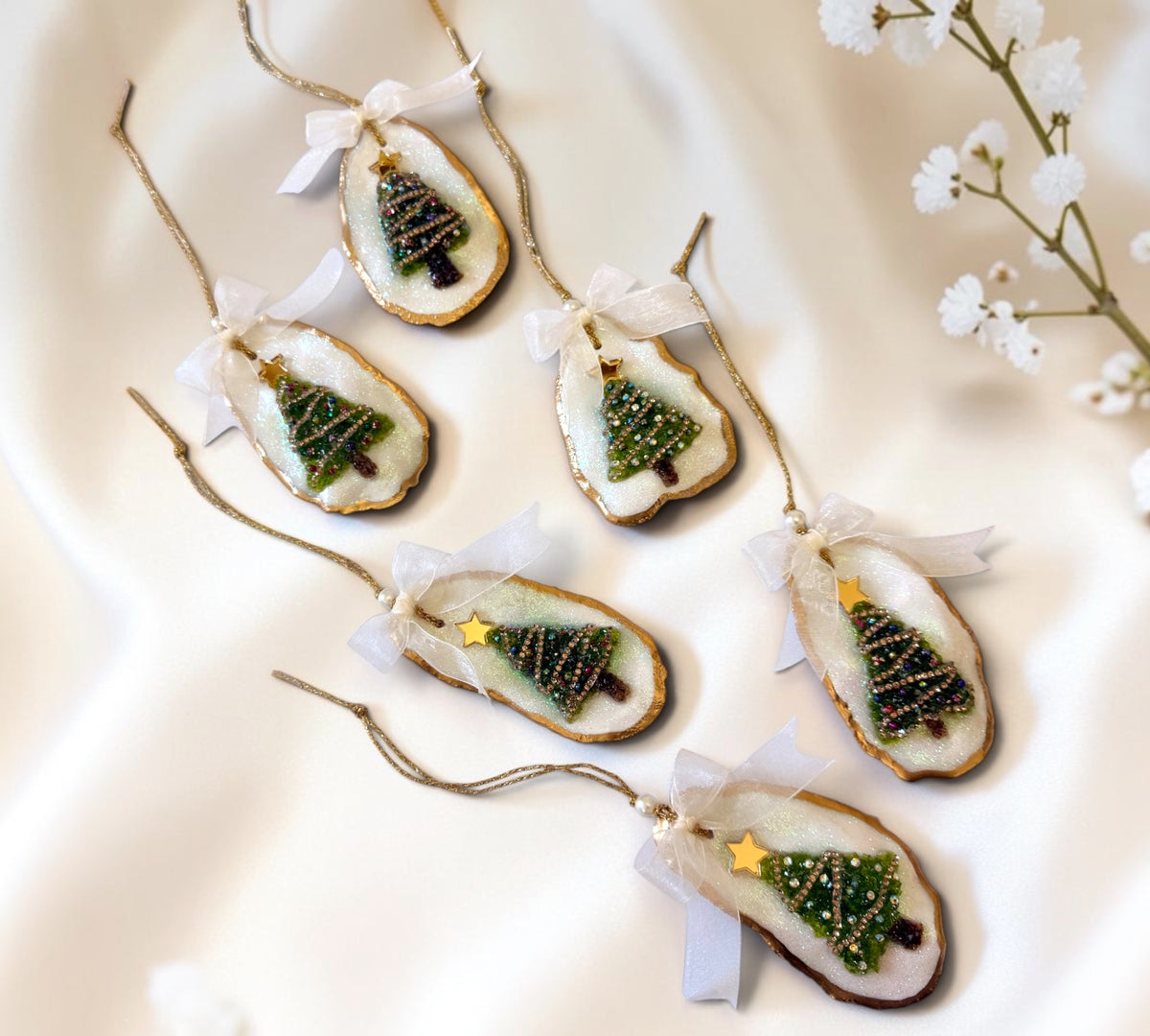 Christmas Tree Ornament — Iridescent Oyster Shell with Gold Leaf, Crystals & Gem Details ( Single )