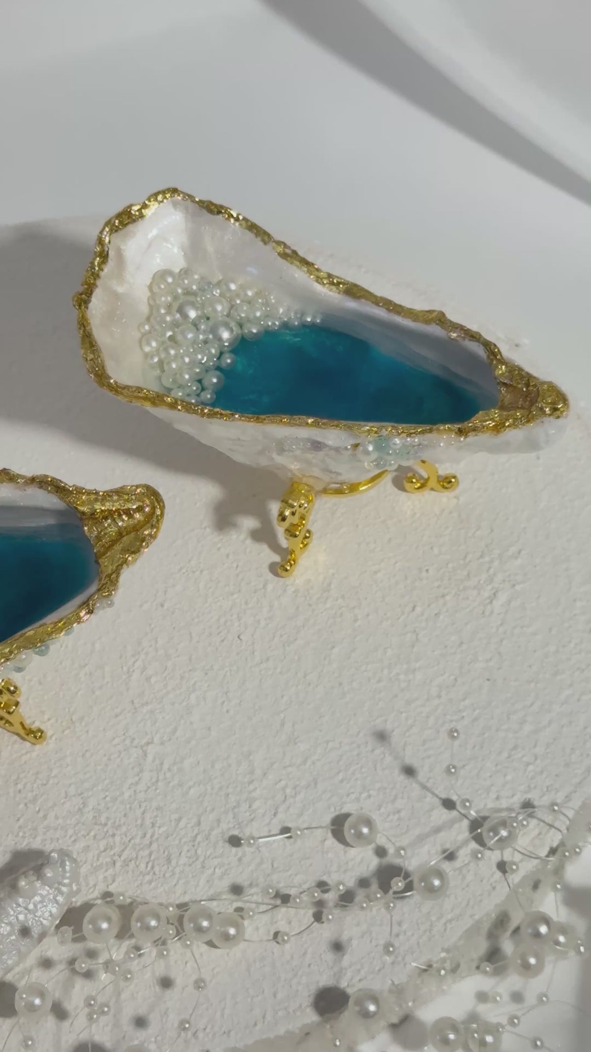 Handmade Oyster Shell Trinket Dish – Teal Resin, Gold Stand & Pearl Detail